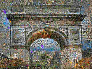 A photo mosaic showing the Arc de Triomphe