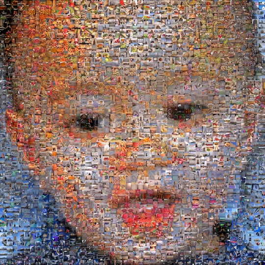 A photo mosaic that mixes landscape and portrait pictures