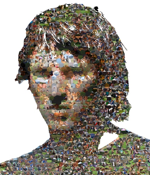 A photo mosaic in hexagons with the profile cut out